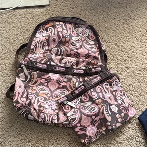 LeSportsac Pink and Brown Paisley Backpack with Matching Pouch